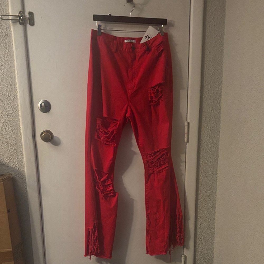 The MAP Red Distressed Fringe Hem Pants 1XL NEW w/Flaw Soft Thrashed Edgy Grunge